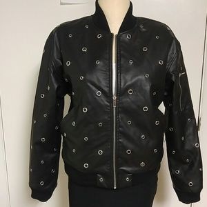 Faux Leather Bomber Jacket w/Metal, NWT!